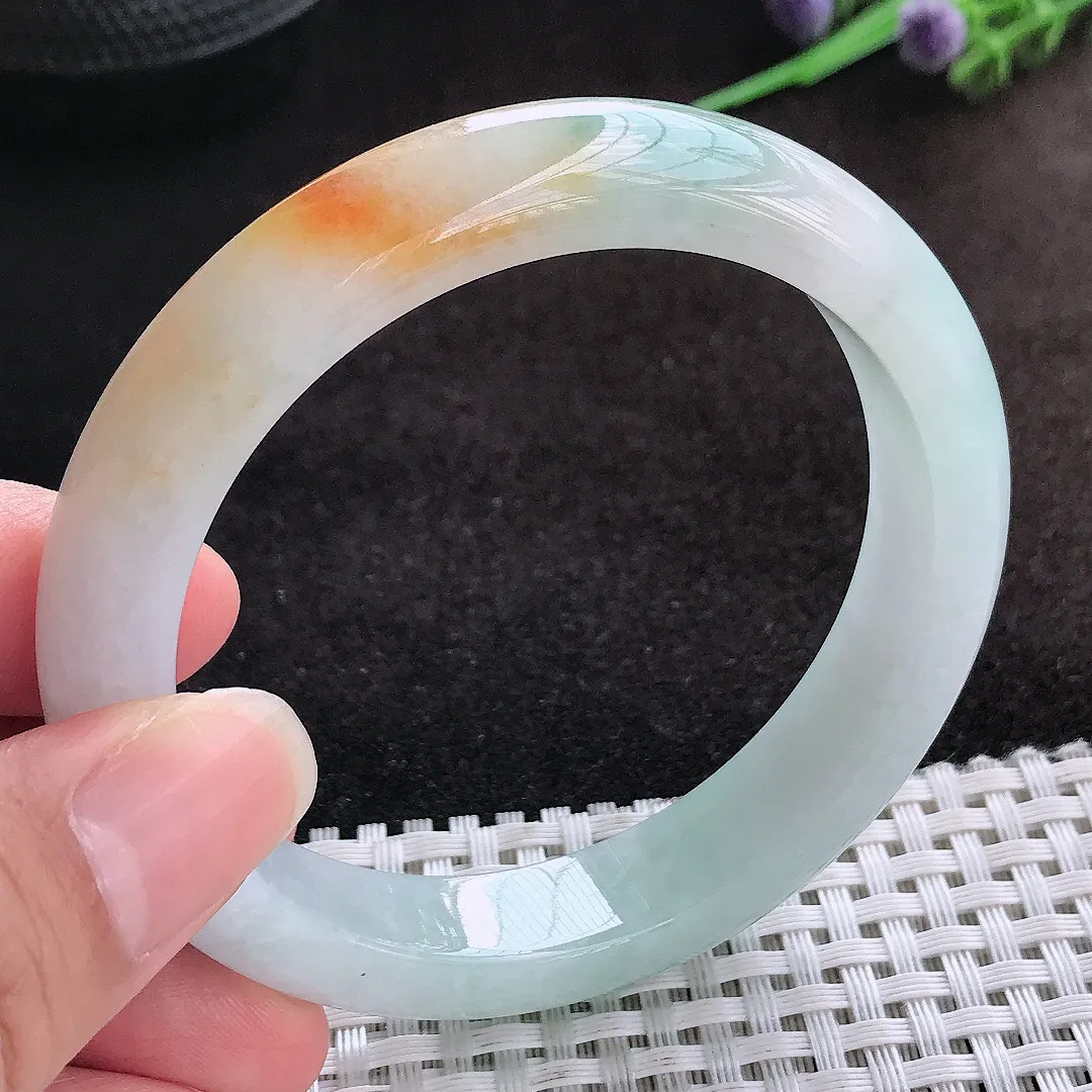 自然光57.5/12/8.7老坑精美冰润三彩飘黄翡手镯宽边翡翠玉镯美人镯