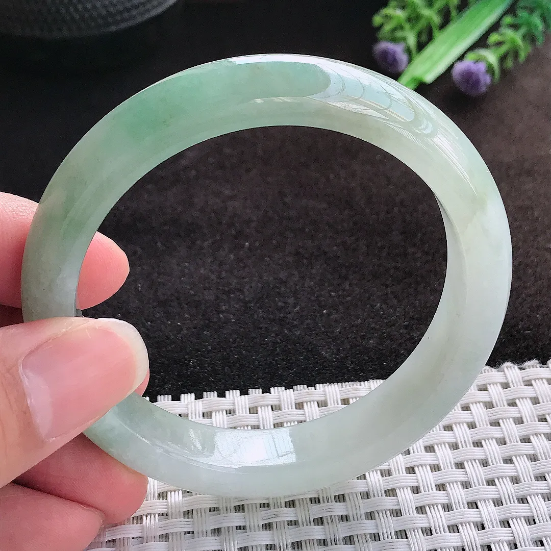 自然光56.8/12.1/8.4老坑冰润起胶飘花手镯宽边翡翠玉镯美人镯