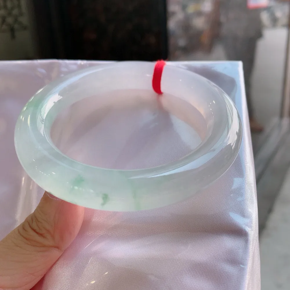 圆条冰玻绿花 无瑕 尺寸:57.4/11.9 花美 种水好