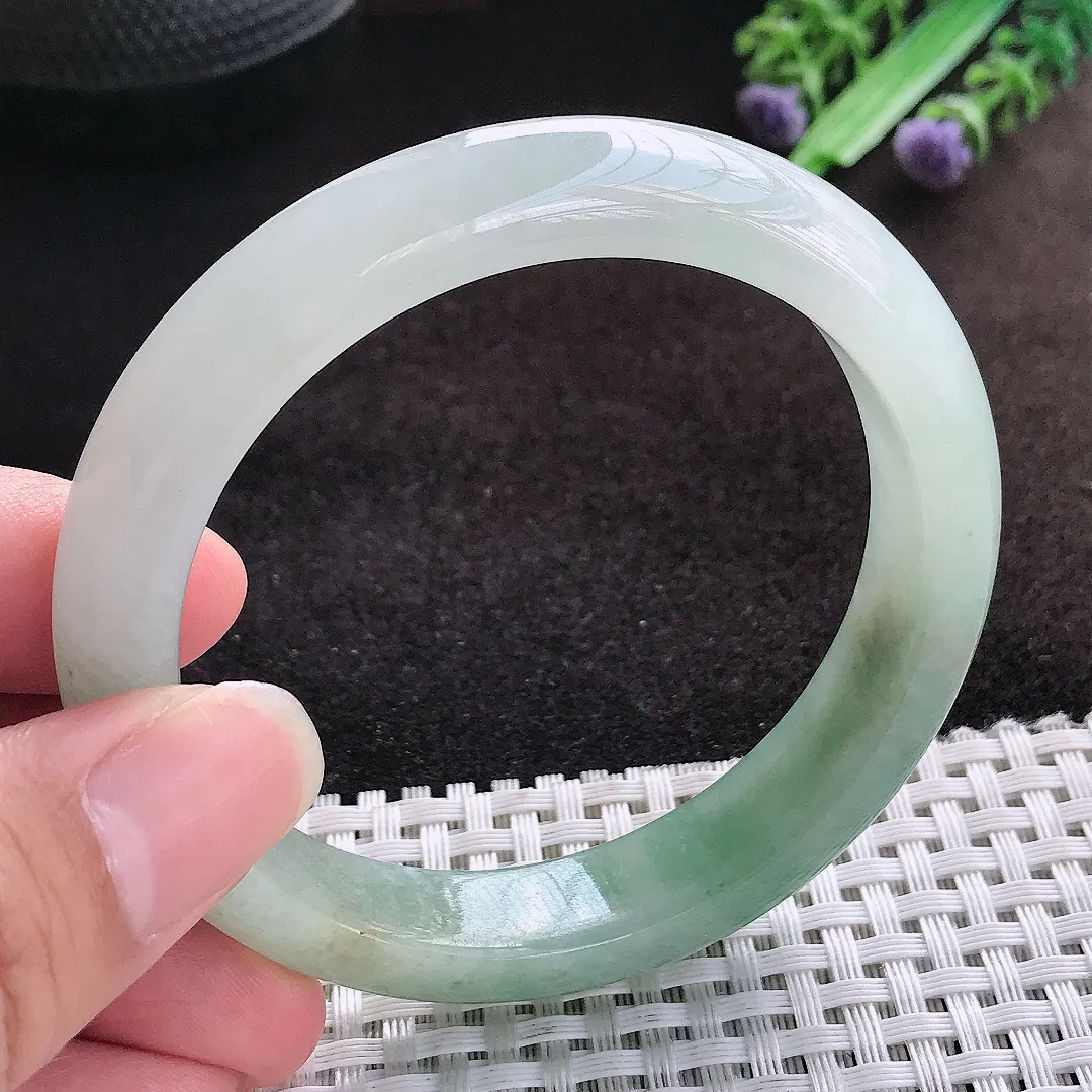 自然光56.8/12.1/8.4老坑冰润起胶飘花手镯宽边翡翠玉镯美人镯