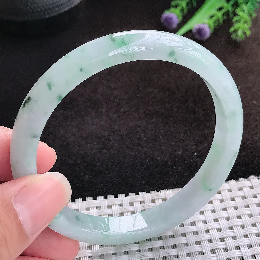 自然光60.5/9.7/7.2老坑冰胶水灵飘花大圈口手镯宽边翡翠玉镯美人镯