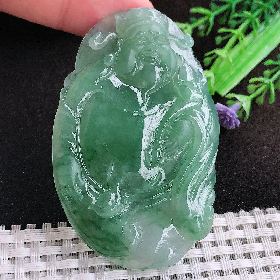 自然光69/44.8/7老坑冰润起胶冰晴满绿财神爷吊坠天然翡翠玉坠挂件