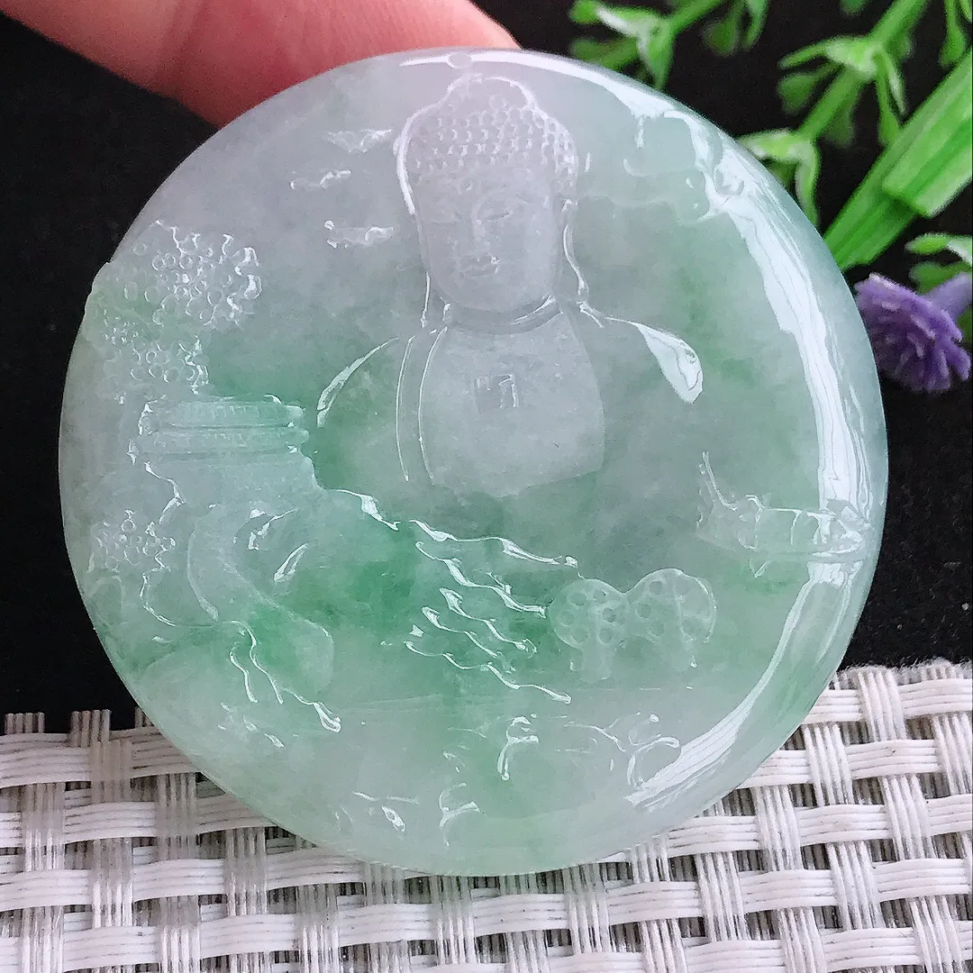 自然光52/5.9老坑冰润起胶飘绿山水如来佛祖吊坠天然翡翠玉坠挂件