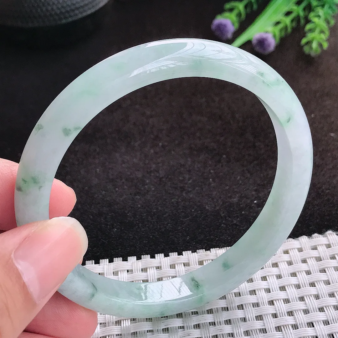 自然光60.5/9.7/7.2老坑冰胶水灵飘花大圈口手镯宽边翡翠玉镯美人镯