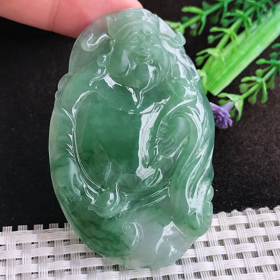 自然光69/44.8/7老坑冰润起胶冰晴满绿财神爷吊坠天然翡翠玉坠挂件