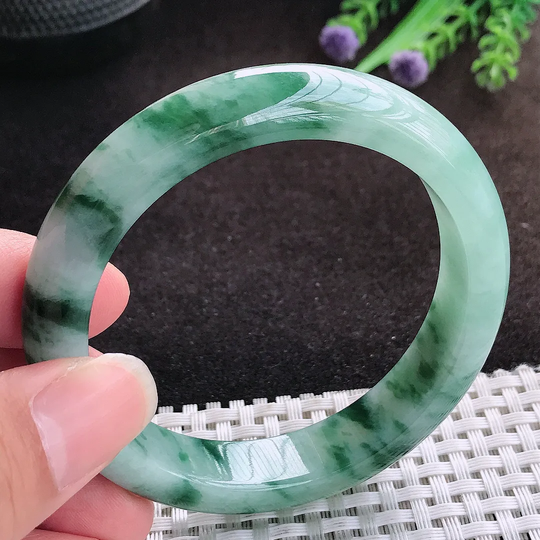 自然光55/12.3/8.3老坑精美冰润飘花手镯宽边翡翠玉镯美人镯