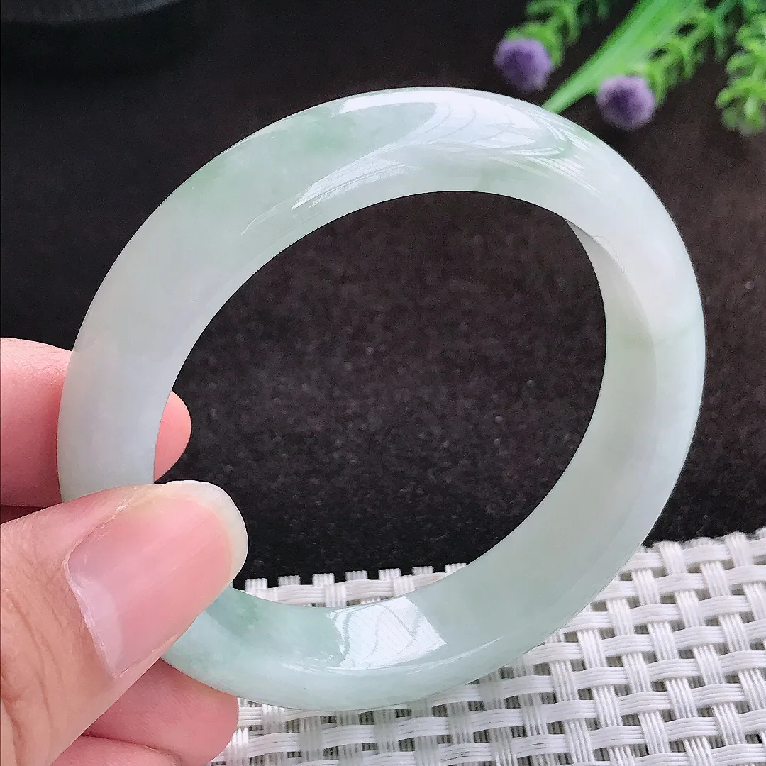 自然光53.5/13.2/8.3老坑冰润起胶飘花手镯宽边翡翠玉镯美人镯