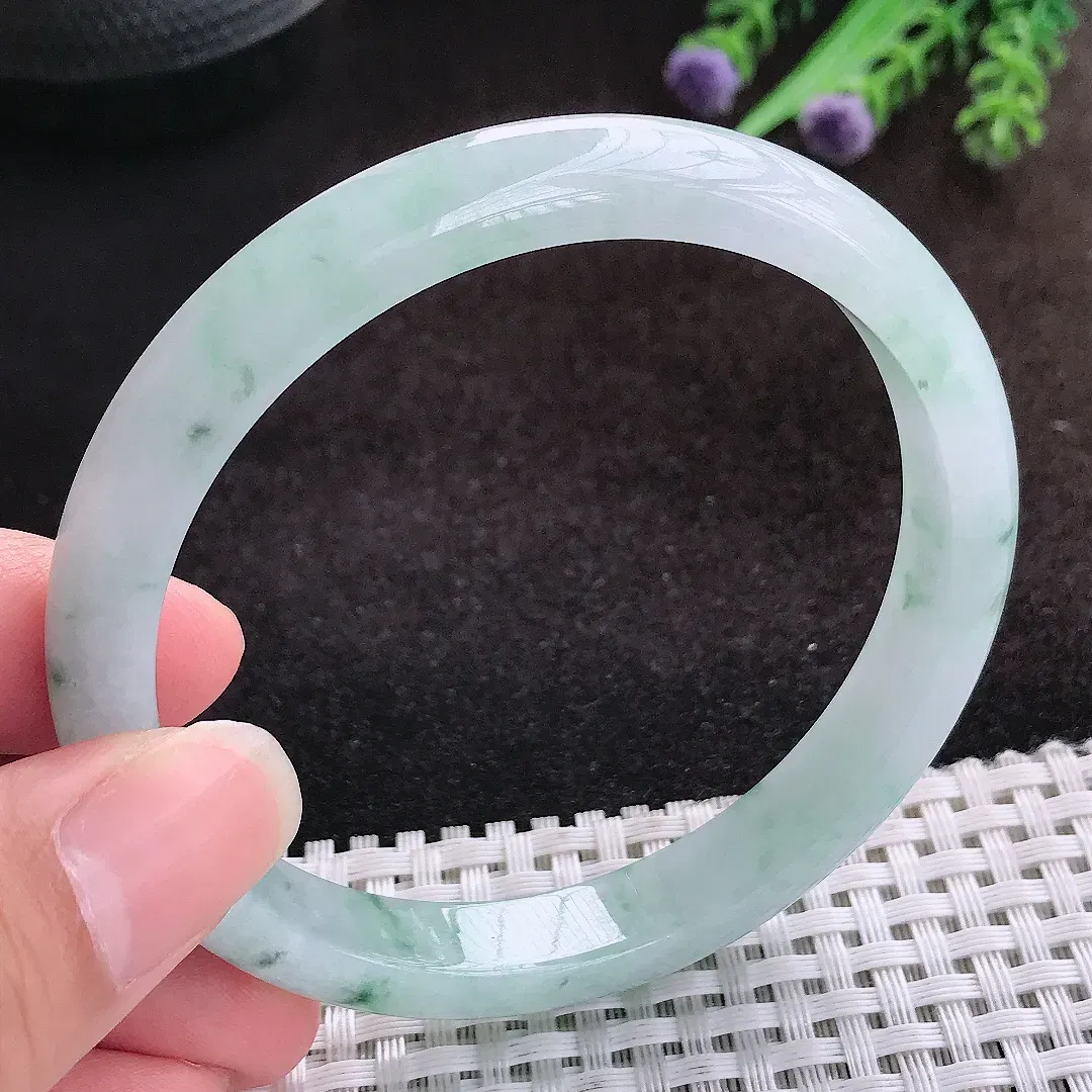 自然光60.5/9.7/7.2老坑冰胶水灵飘花大圈口手镯宽边翡翠玉镯美人镯