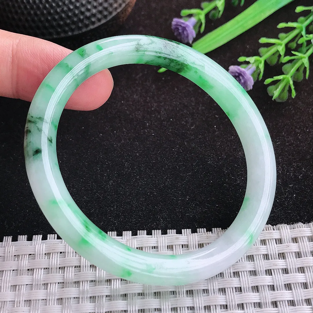 自然光52.5/46/7/7.8先圈口老坑精美飘阳绿贵妃手镯宽边翡翠玉镯美人镯