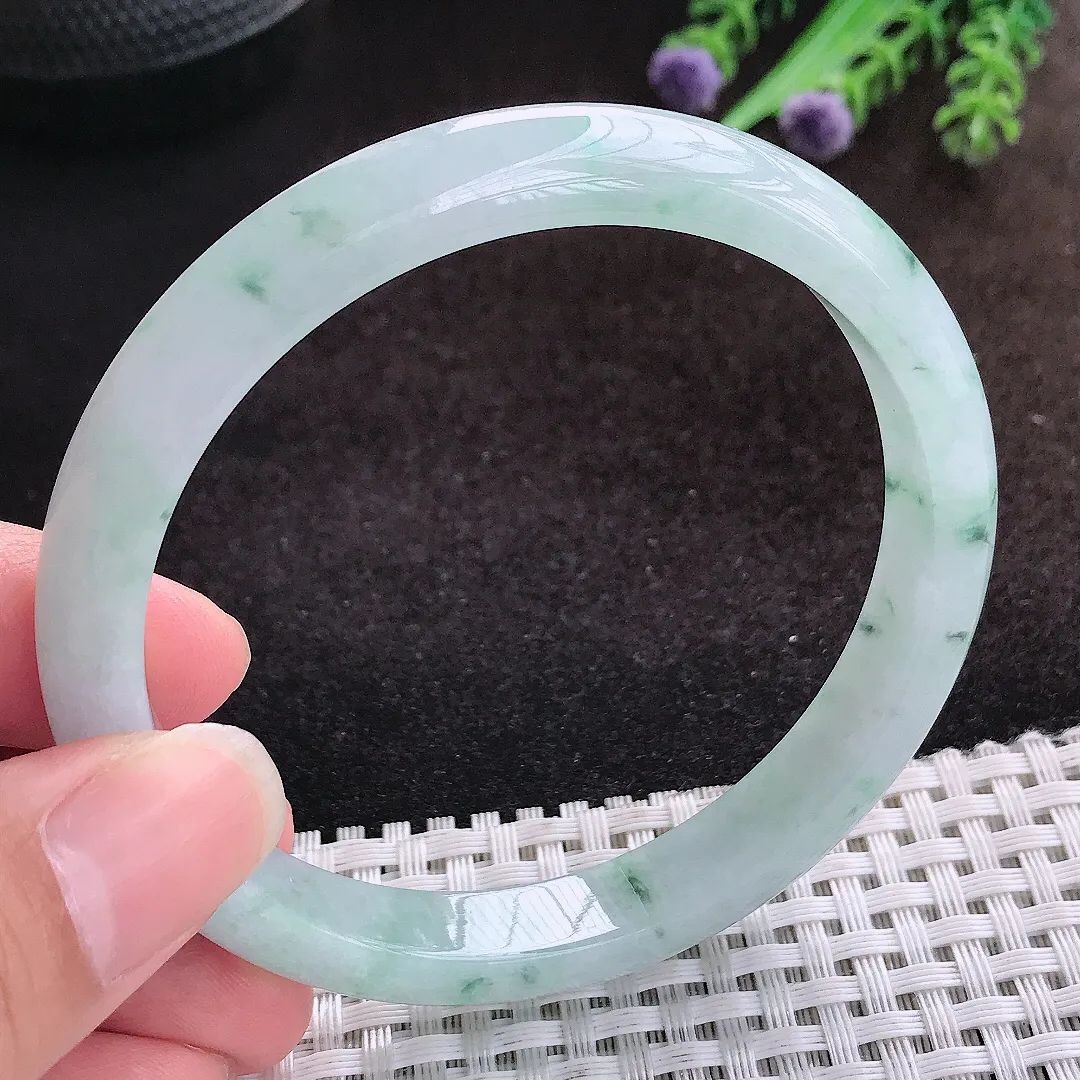 自然光60.5/9.7/7.2老坑冰胶水灵飘花大圈口手镯宽边翡翠玉镯美人镯