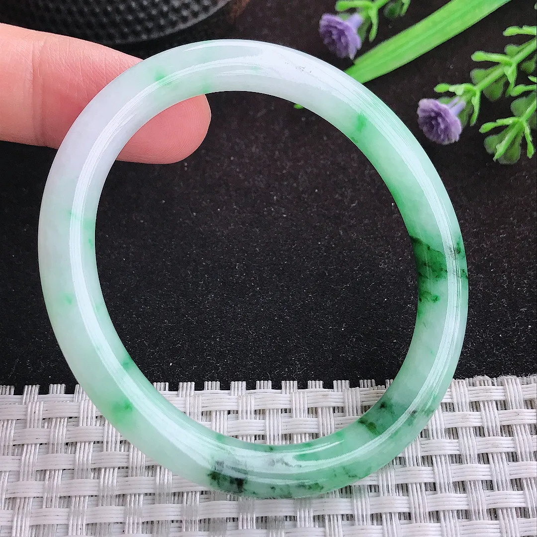 自然光52.5/46/7/7.8先圈口老坑精美飘阳绿贵妃手镯宽边翡翠玉镯美人镯