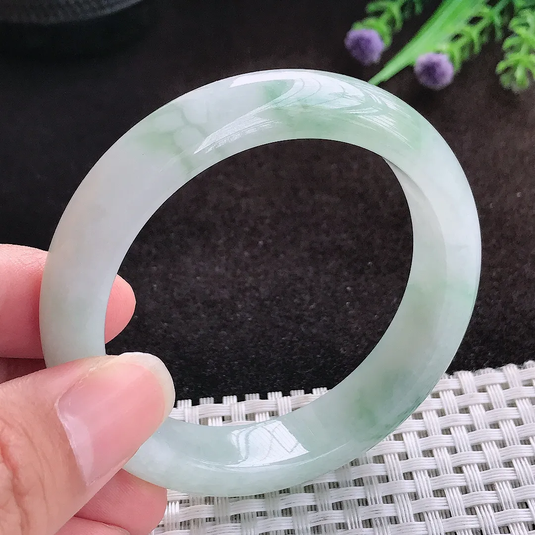 自然光53.5/13.2/8.3老坑冰润起胶飘花手镯宽边翡翠玉镯美人镯