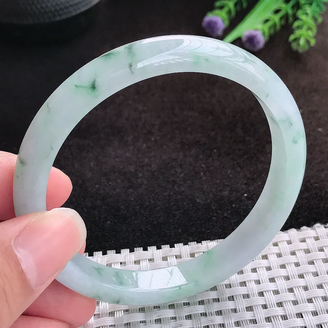 自然光60.5/9.7/7.2老坑冰胶水灵飘花大圈口手镯宽边翡翠玉镯美人镯