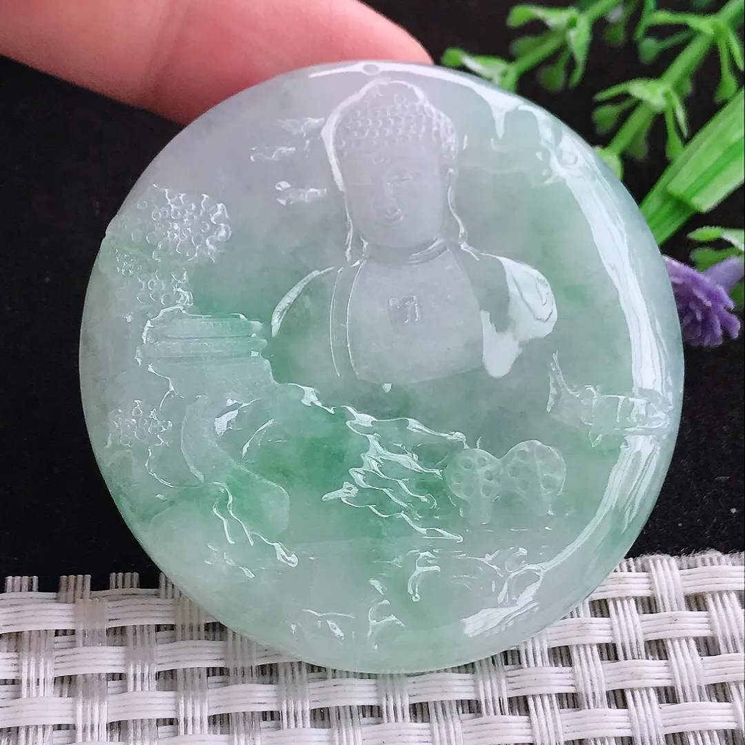 自然光52/5.9老坑冰润起胶飘绿山水如来佛祖吊坠天然翡翠玉坠挂件