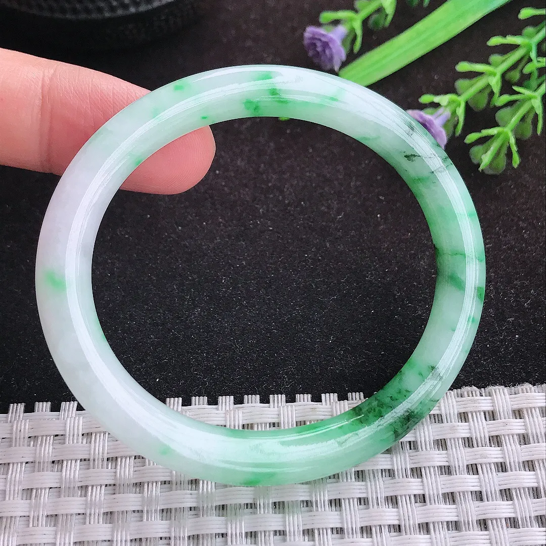 自然光52.5/46/7/7.8先圈口老坑精美飘阳绿贵妃手镯宽边翡翠玉镯美人镯