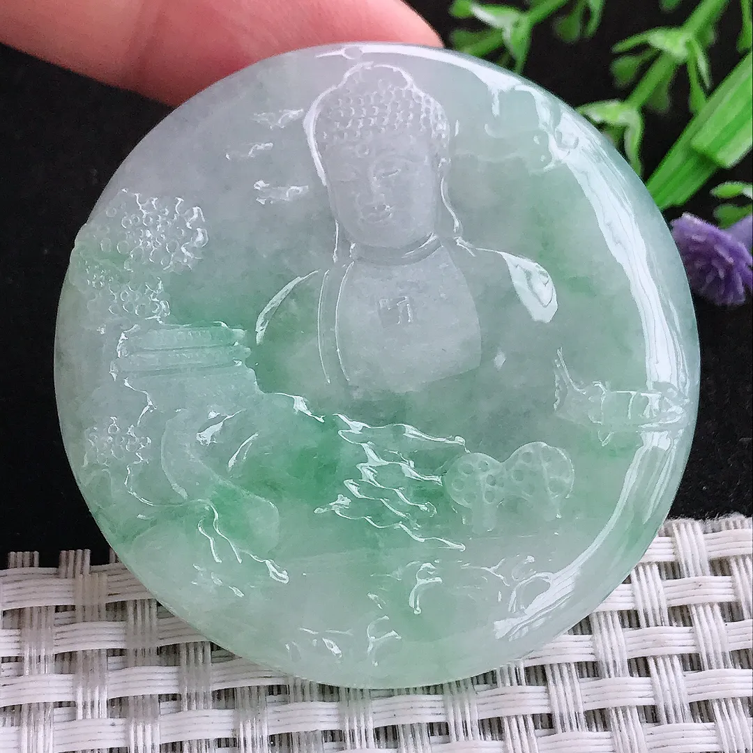 自然光52/5.9老坑冰润起胶飘绿山水如来佛祖吊坠天然翡翠玉坠挂件