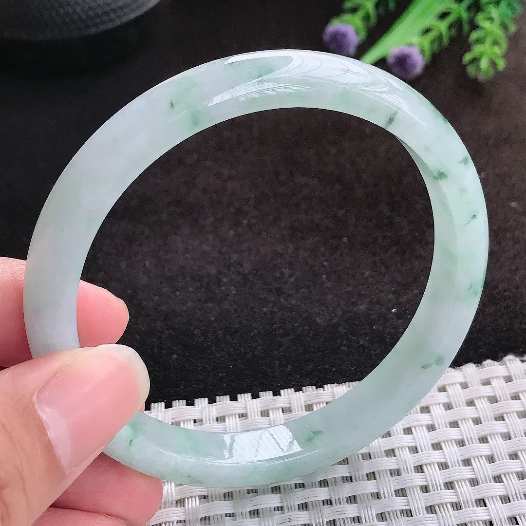 自然光60.5/9.7/7.2老坑冰胶水灵飘花大圈口手镯宽边翡翠玉镯美人镯
