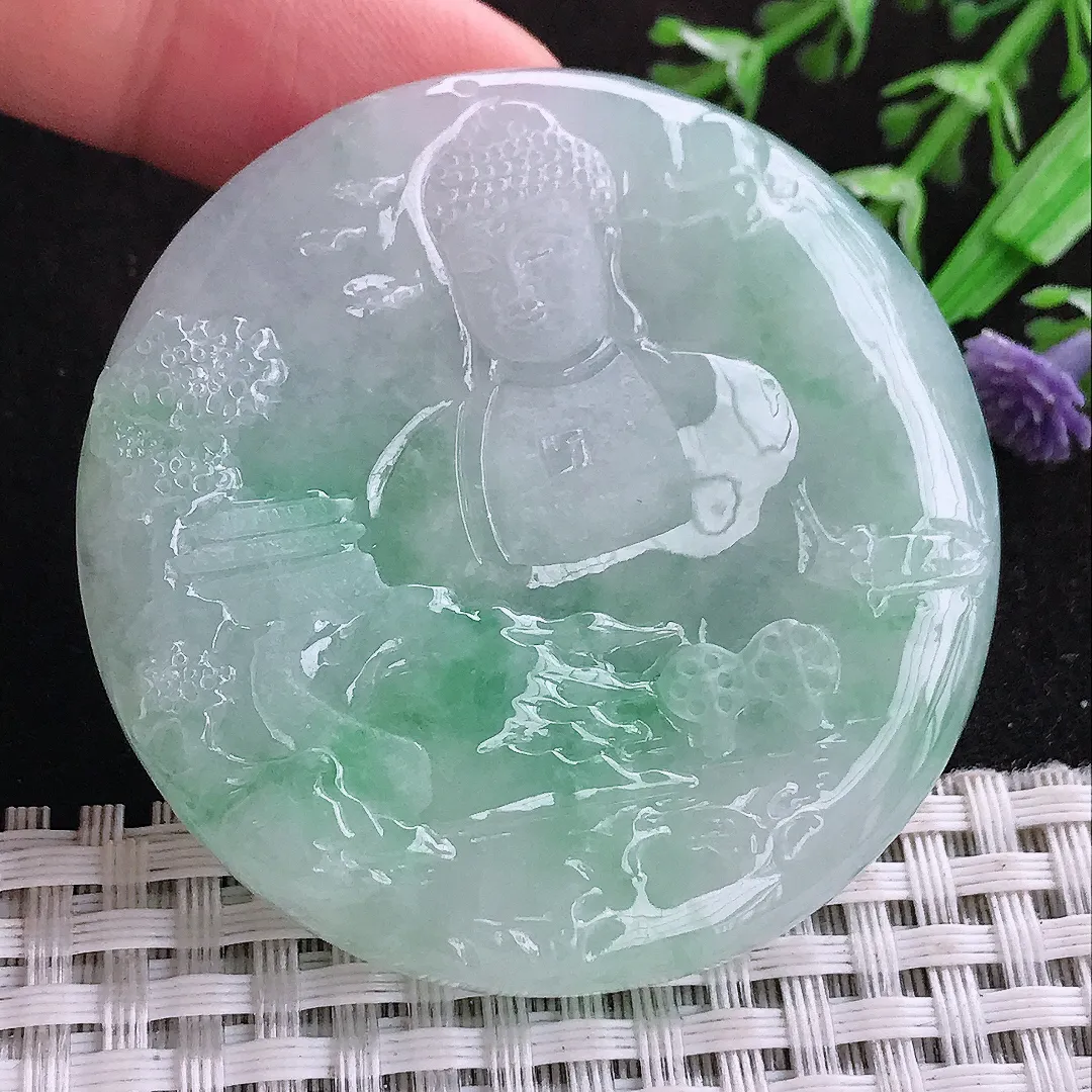 自然光52/5.9老坑冰润起胶飘绿山水如来佛祖吊坠天然翡翠玉坠挂件