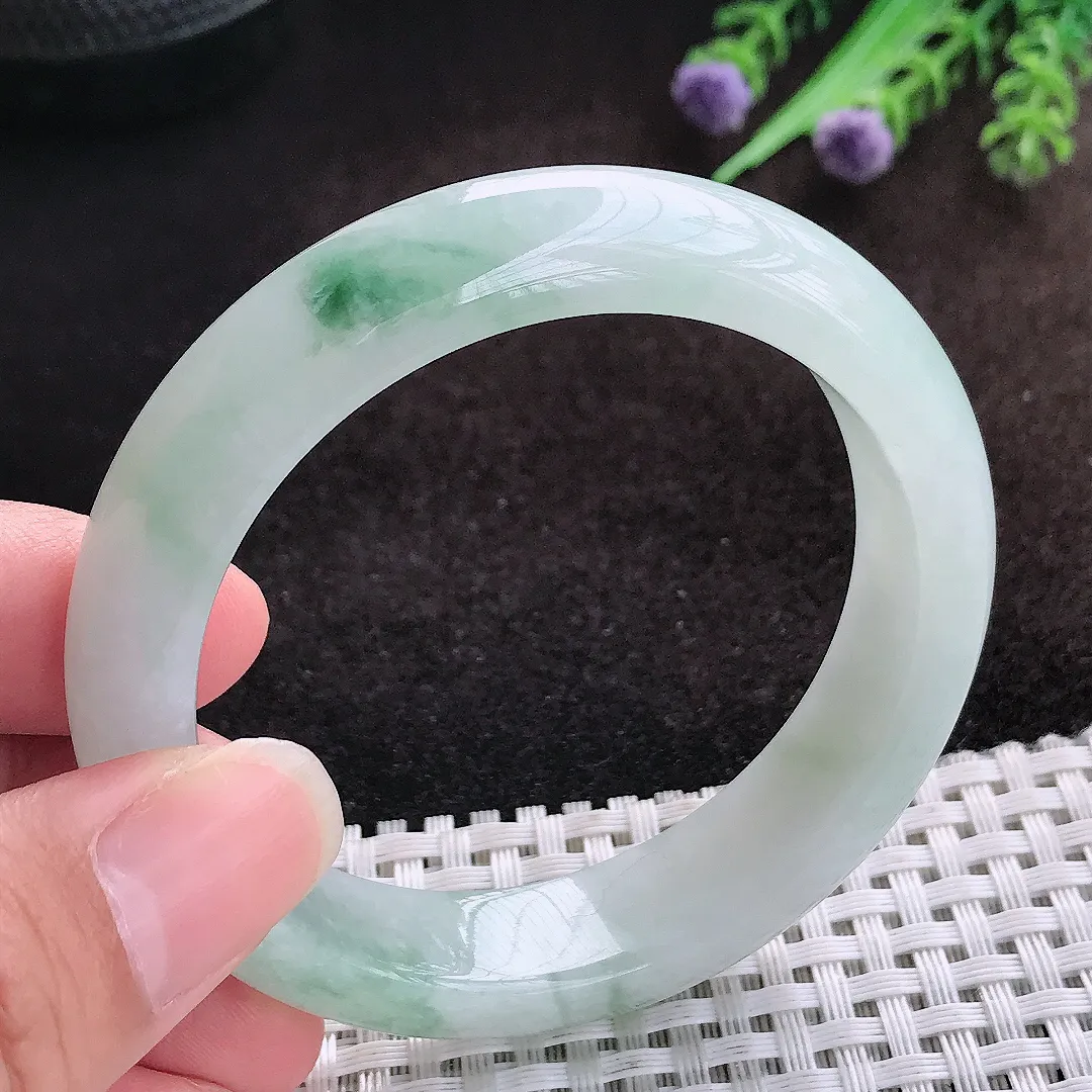 自然光53.5/13.2/8.3老坑冰润起胶飘花手镯宽边翡翠玉镯美人镯