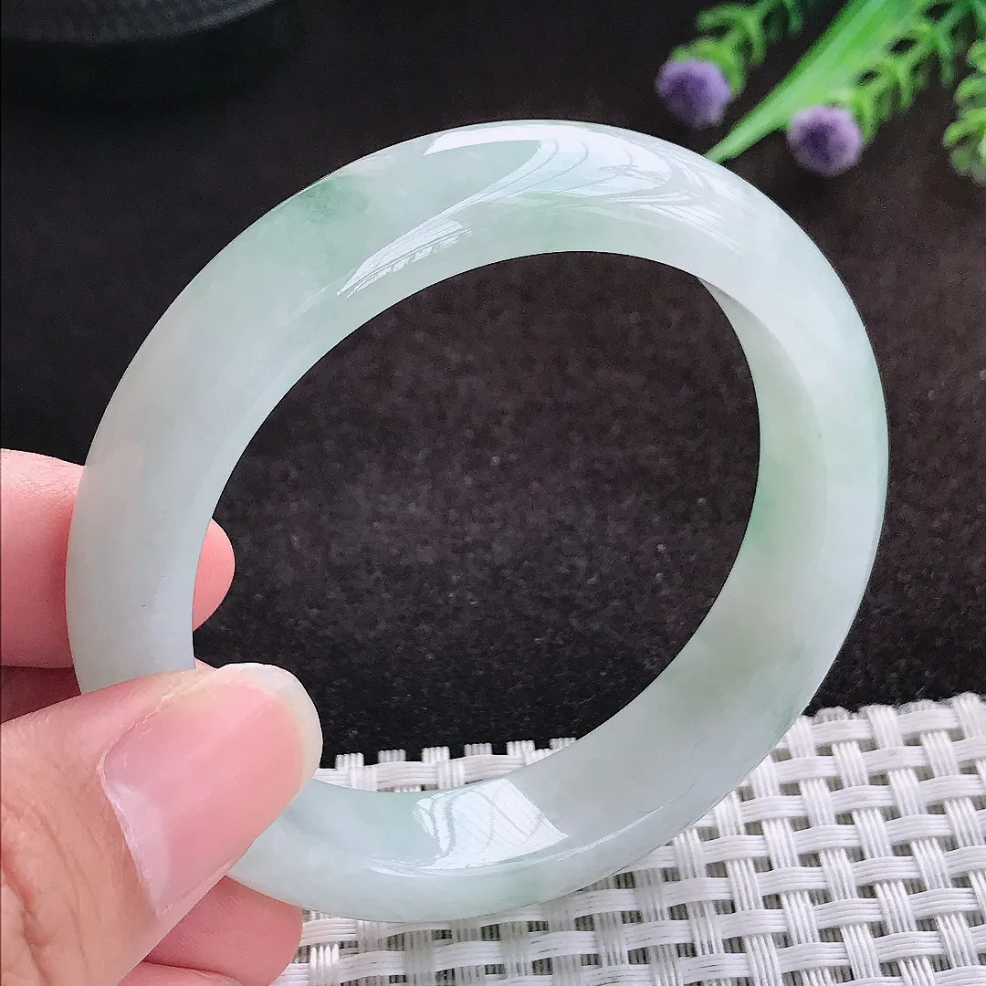 自然光53.5/13.2/8.3老坑冰润起胶飘花手镯宽边翡翠玉镯美人镯