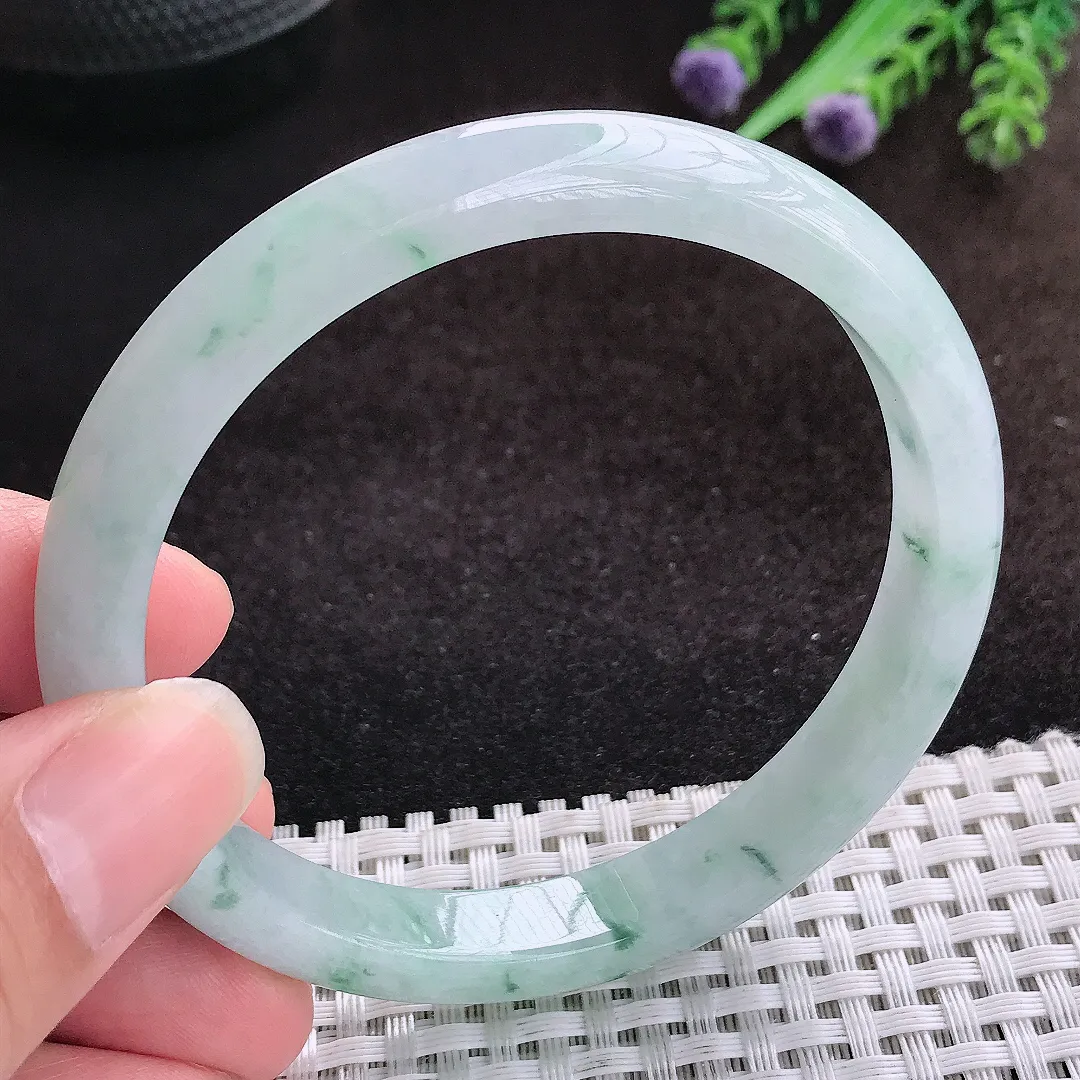 自然光60.5/9.7/7.2老坑冰胶水灵飘花大圈口手镯宽边翡翠玉镯美人镯
