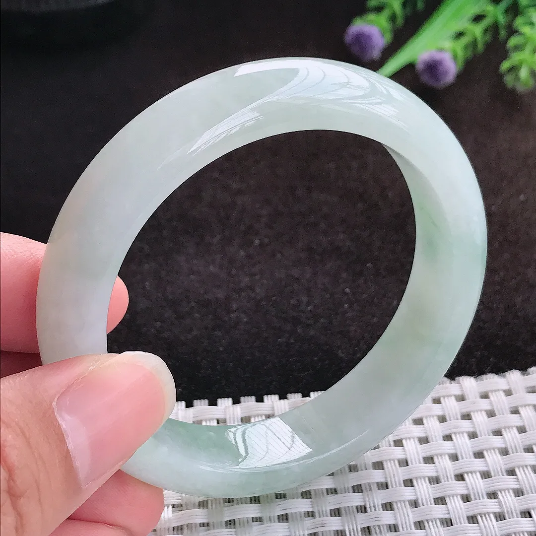 自然光53.5/13.2/8.3老坑冰润起胶飘花手镯宽边翡翠玉镯美人镯