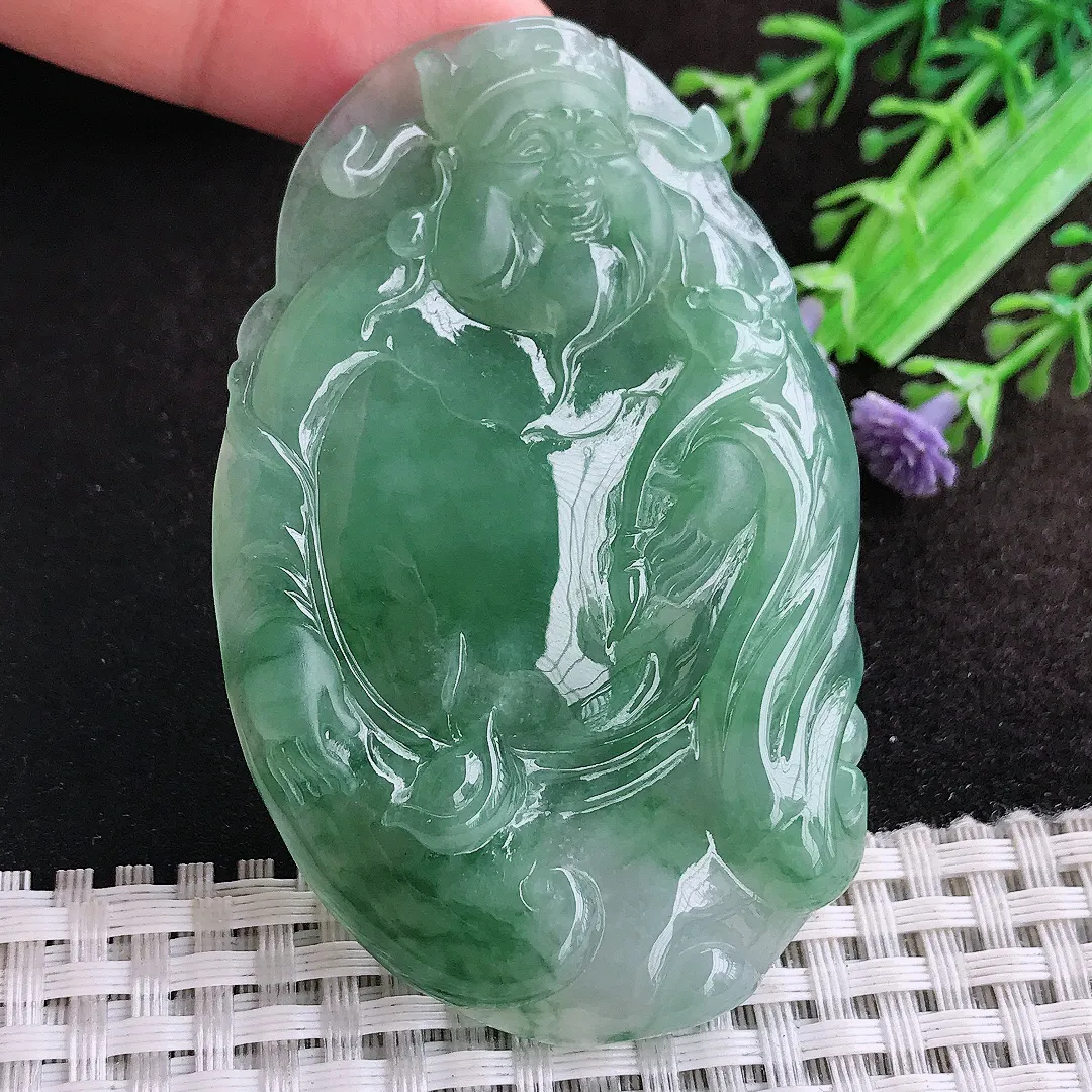 自然光69/44.8/7老坑冰润起胶冰晴满绿财神爷吊坠天然翡翠玉坠挂件