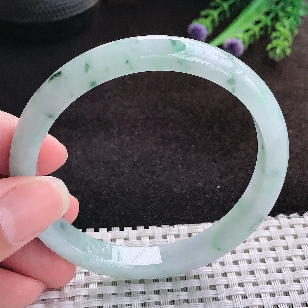 自然光60.5/9.7/7.2老坑冰胶水灵飘花大圈口手镯宽边翡翠玉镯美人镯