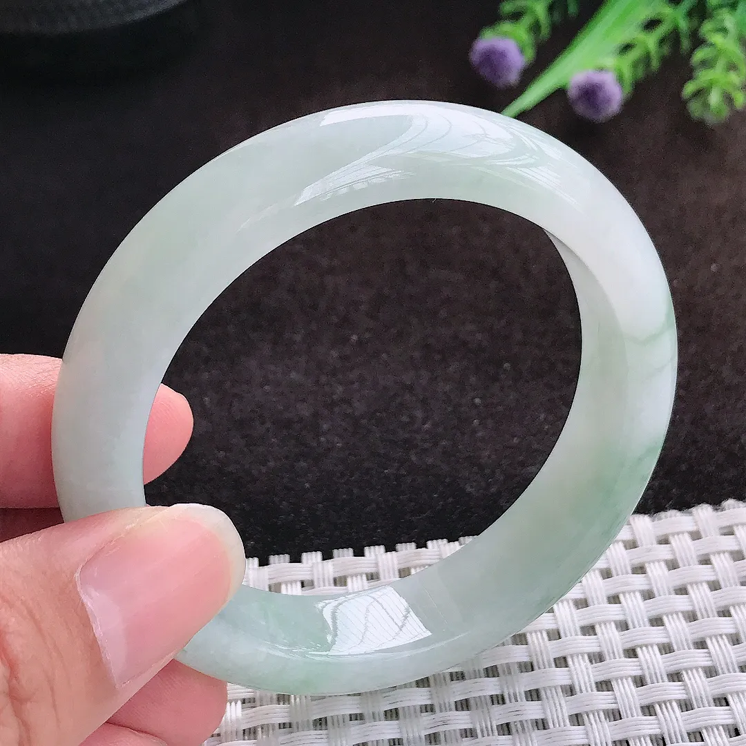 自然光53.5/13.2/8.3老坑冰润起胶飘花手镯宽边翡翠玉镯美人镯