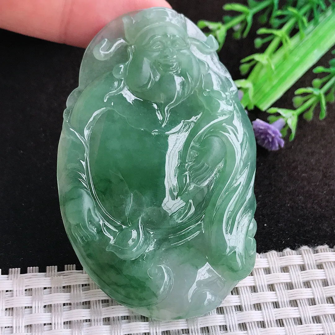 自然光69/44.8/7老坑冰润起胶冰晴满绿财神爷吊坠天然翡翠玉坠挂件