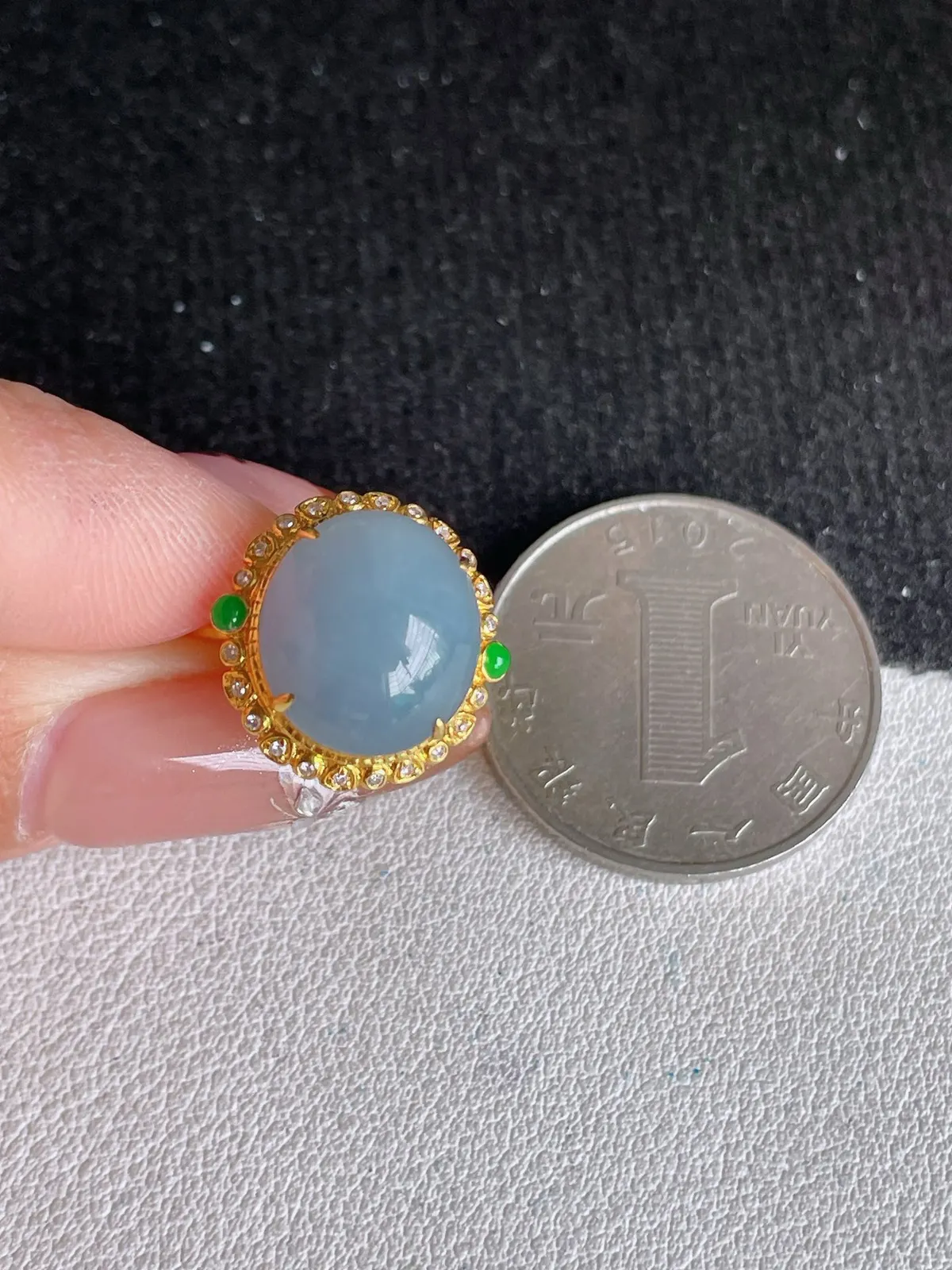翡翠a货18K金紫罗兰蛋面戒指，尺寸18.8-12.2-11.2-10.3，重量:2.69g