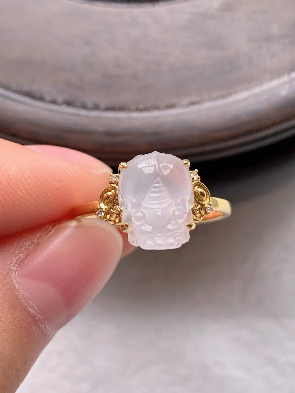 翡翠a货18k金冰种白冰貔貅戒指，尺寸17-10.3-8，重量:2.41g