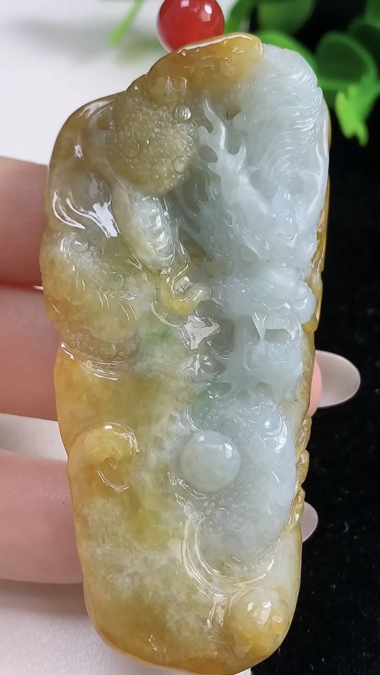缅甸天然翡翠a货 老坑料起胶冰润 双彩飘黄翡霸气龙牌吊坠，尺寸68.8-33.6-13.4mm  y 55.55