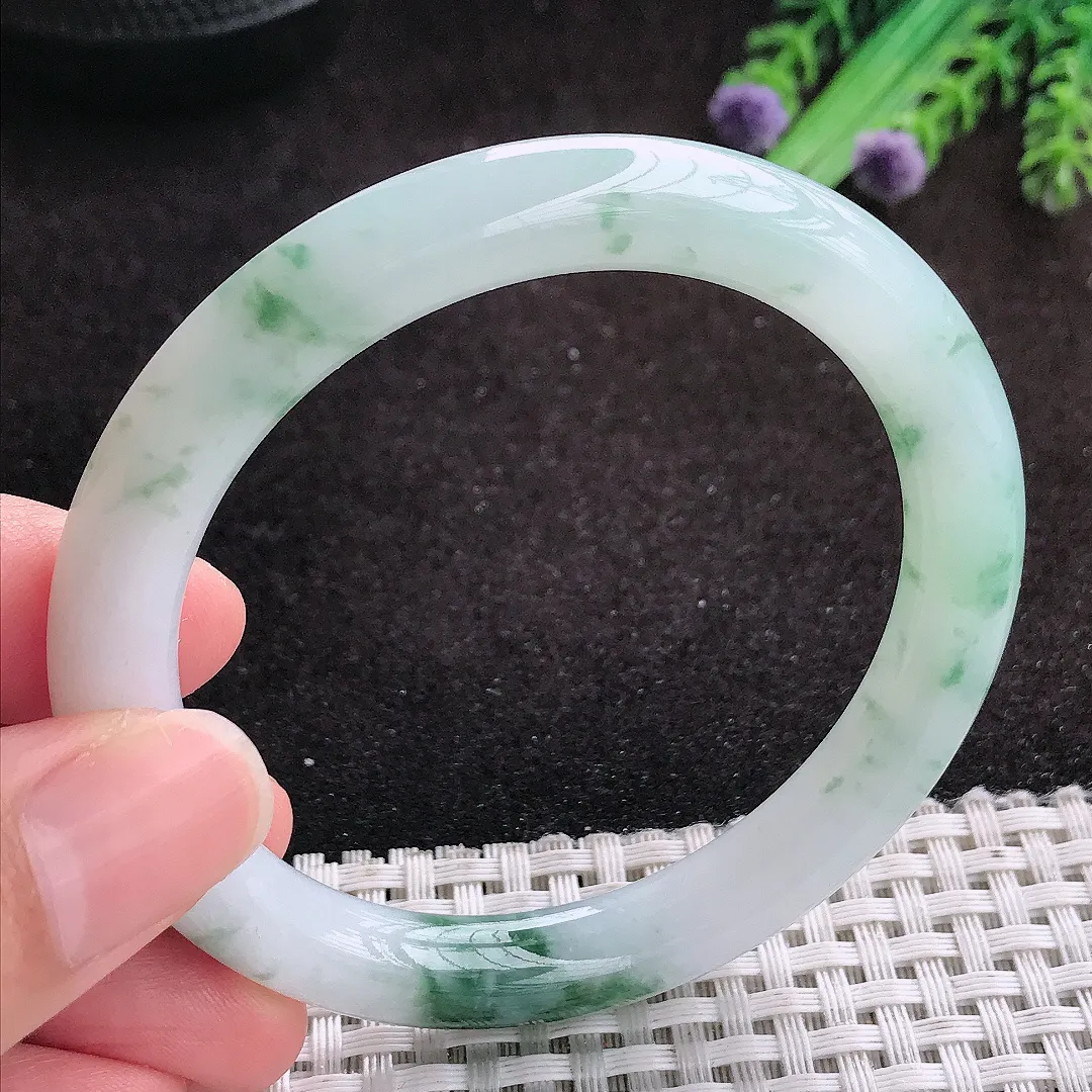 自然光55.5/9.2老坑冰润飘花圆条手镯翡翠玉镯美人镯