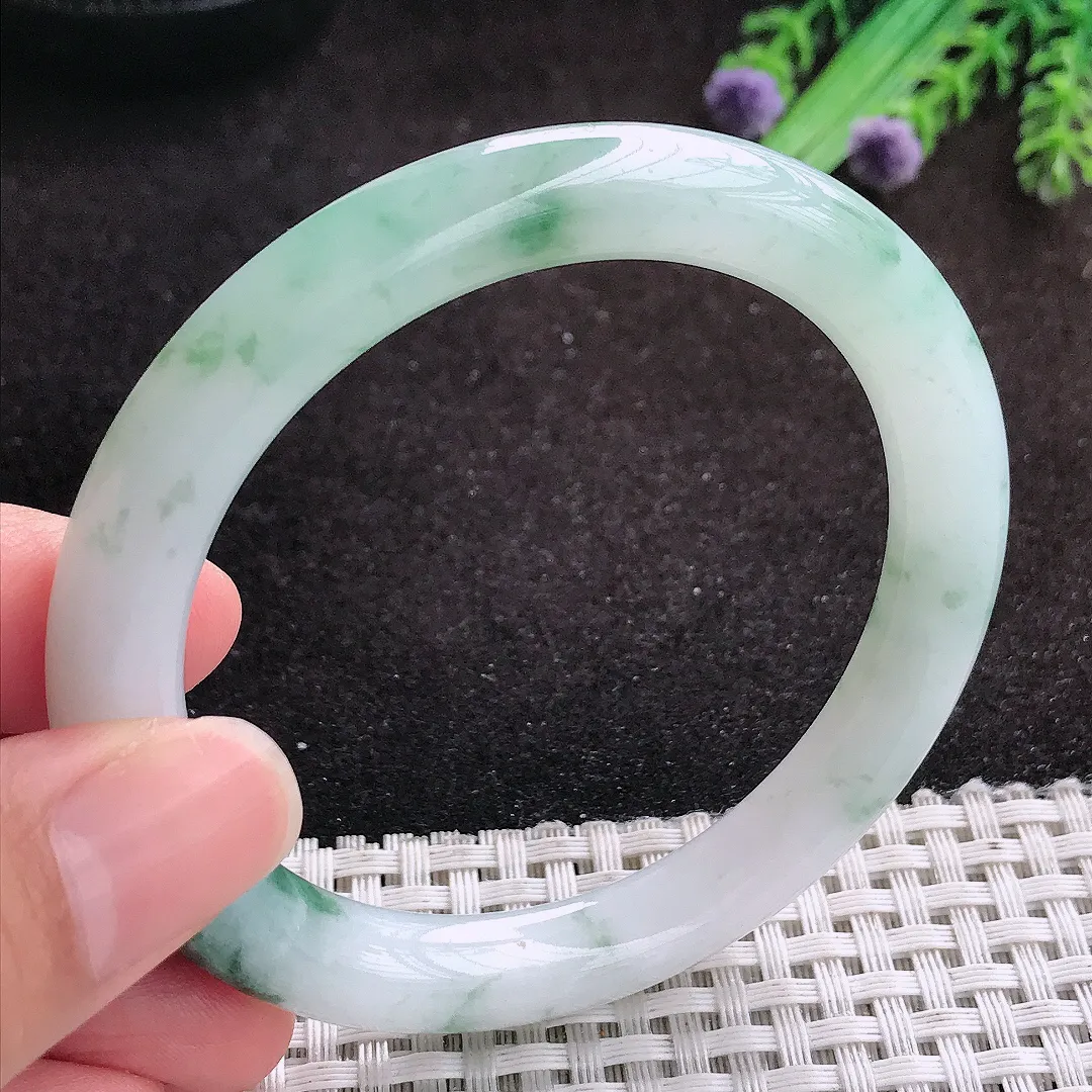 自然光55.5/9.2老坑冰润飘花圆条手镯翡翠玉镯美人镯