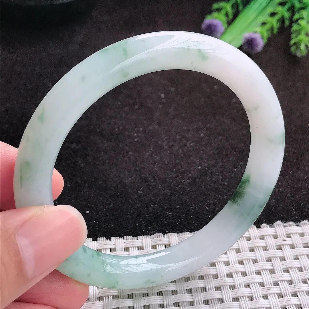 自然光55.5/9.2老坑冰润飘花圆条手镯翡翠玉镯美人镯