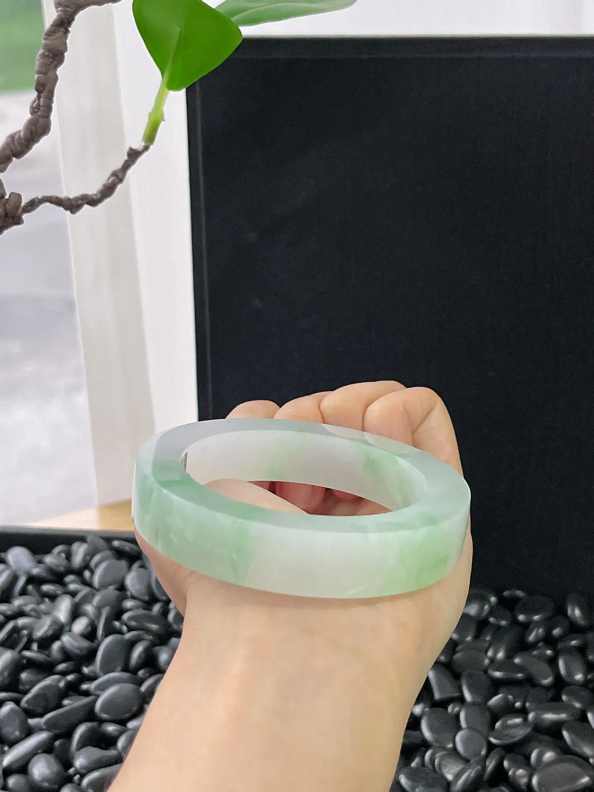 冰糯种飘绿毛胚，正圈最大做57圈口，最小做54.3圈口