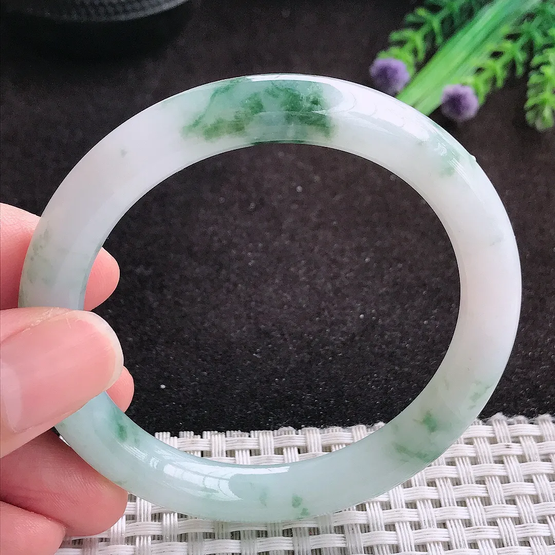 自然光55.5/9.2老坑冰润飘花圆条手镯翡翠玉镯美人镯