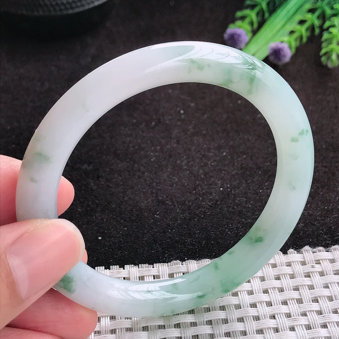 自然光55.5/9.2老坑冰润飘花圆条手镯翡翠玉镯美人镯