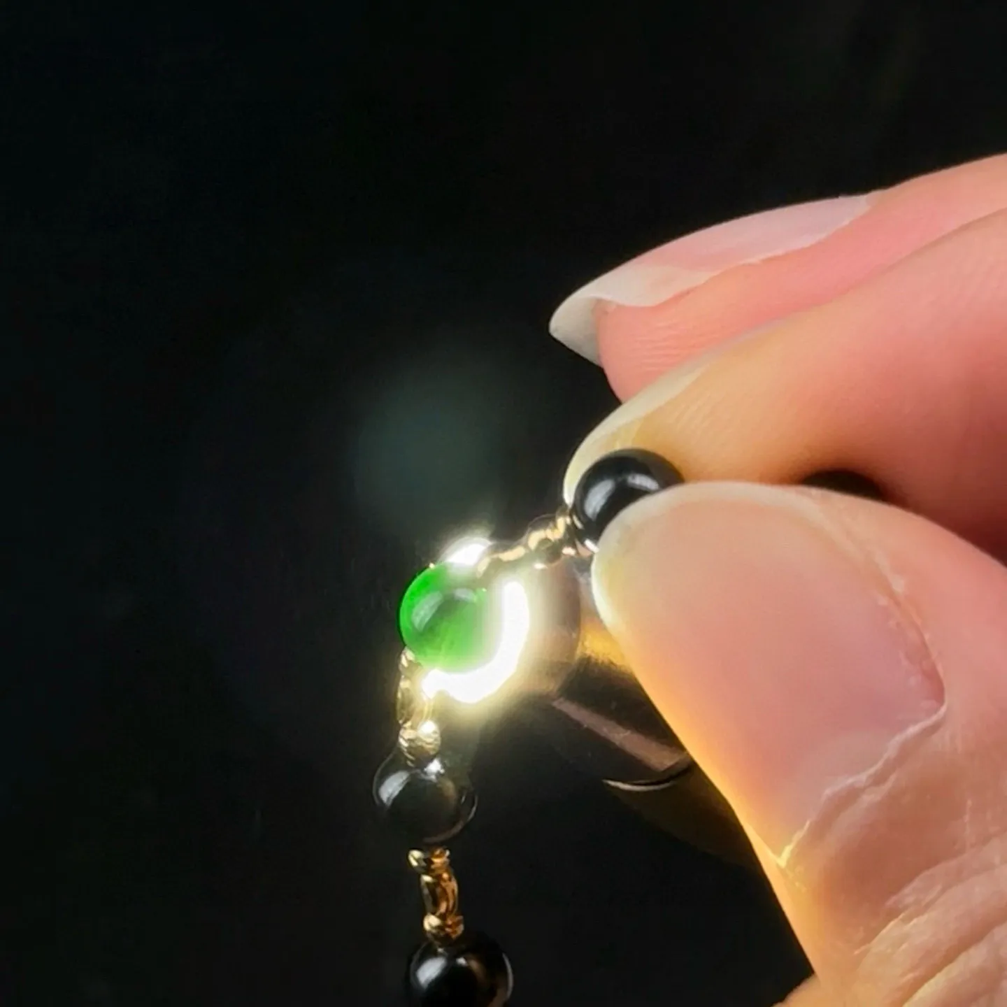精品18k墨翠珠子手链 种好色正 黑度极好 打灯通透 油性十足 尺寸4.6