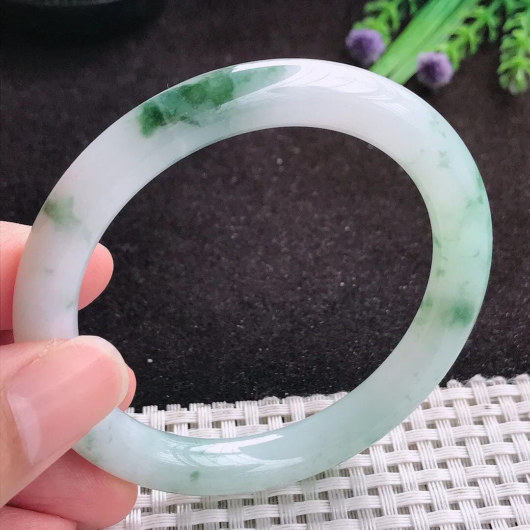 自然光55.5/9.2老坑冰润飘花圆条手镯翡翠玉镯美人镯