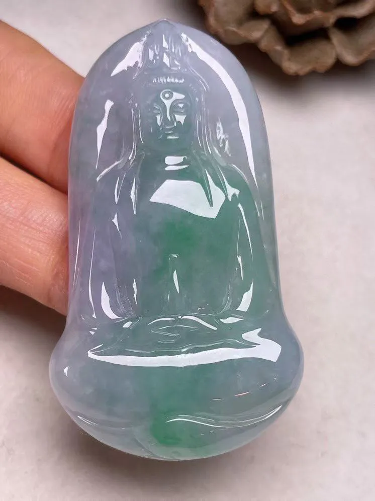冰糯种俏色【观音菩萨】吊坠，种水好，玉质细腻 ，卖相好