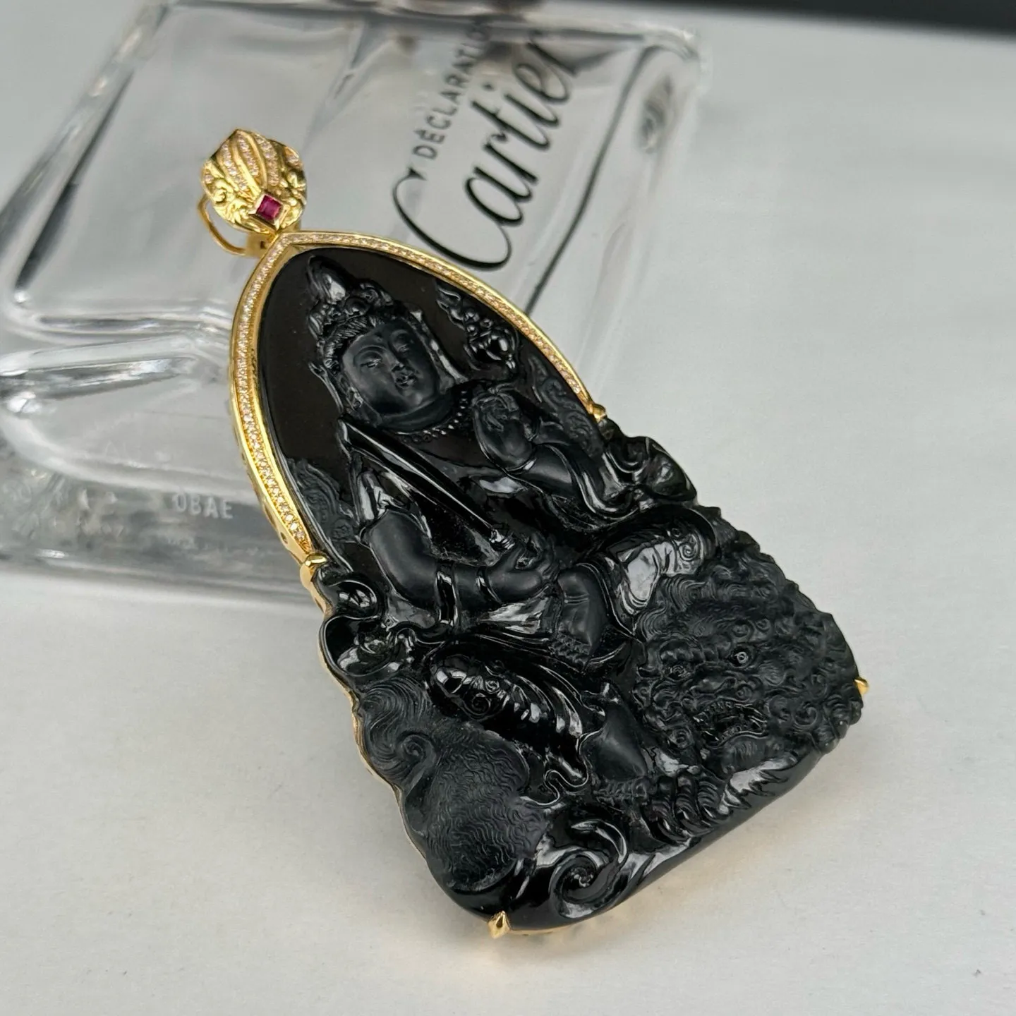 精品墨翠文殊菩萨 种好色正 黑度极好 打灯通透 油性十足 尺寸72