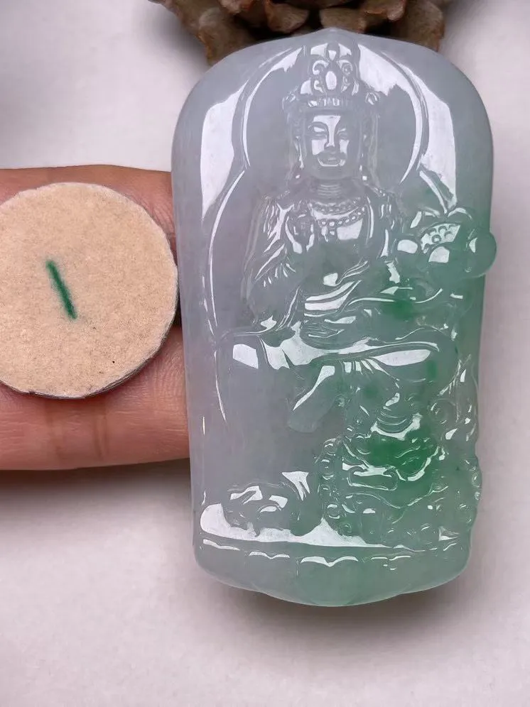 冰糯种飘绿【文殊菩萨】吊坠，种水好，玉质细腻 ，卖相好