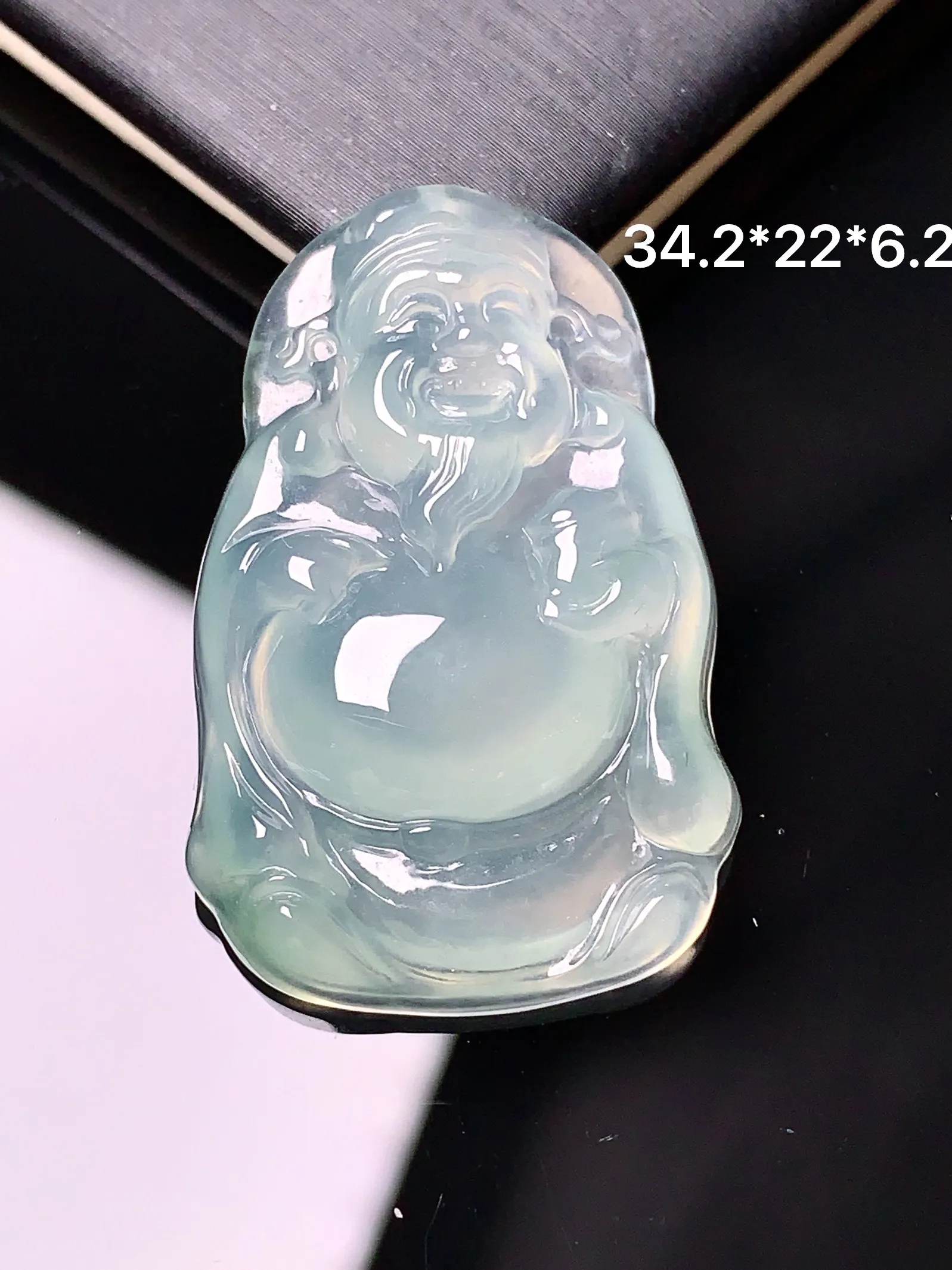 冰种财神吊坠 玉质细腻 色泽艳丽 整体尺寸34.2*22*6.2