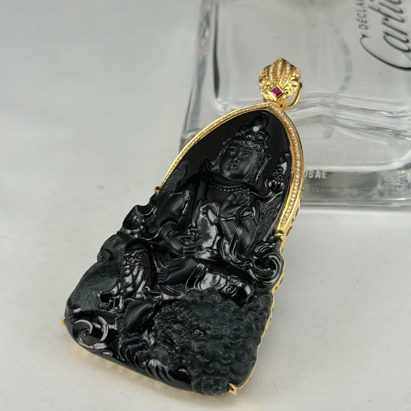 精品墨翠文殊菩萨 种好色正 黑度极好 打灯通透 油性十足 尺寸72