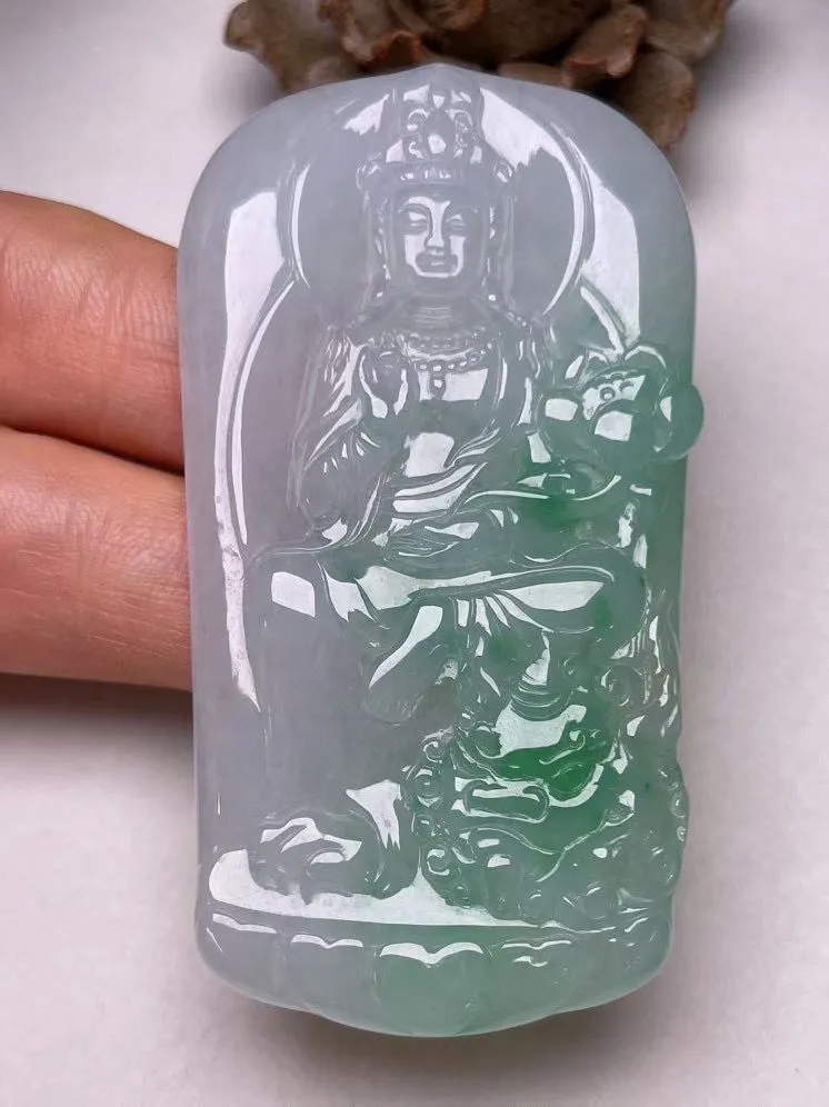 冰糯种飘绿【文殊菩萨】吊坠，种水好，玉质细腻 ，卖相好
