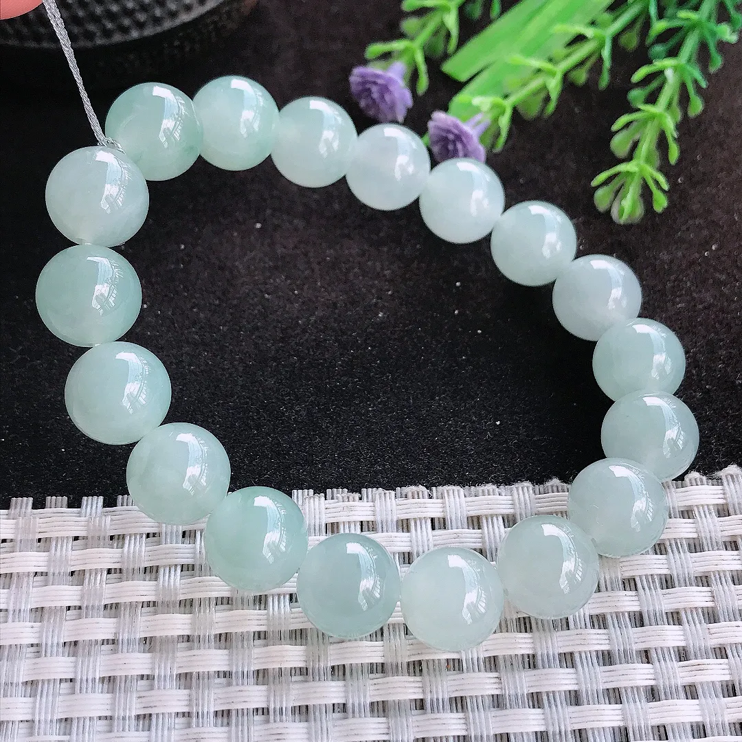 自然光11/18颗老坑冰胶果冻冰晴天空蓝玉珠手链女款圆珠玉手串