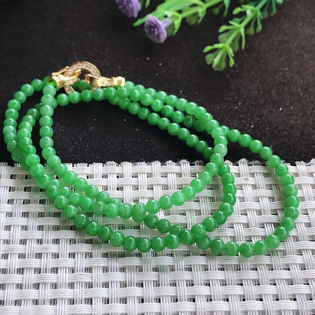 自然光3.9/144颗老坑精美辣阳绿小米珠手链女款圆珠玉手串