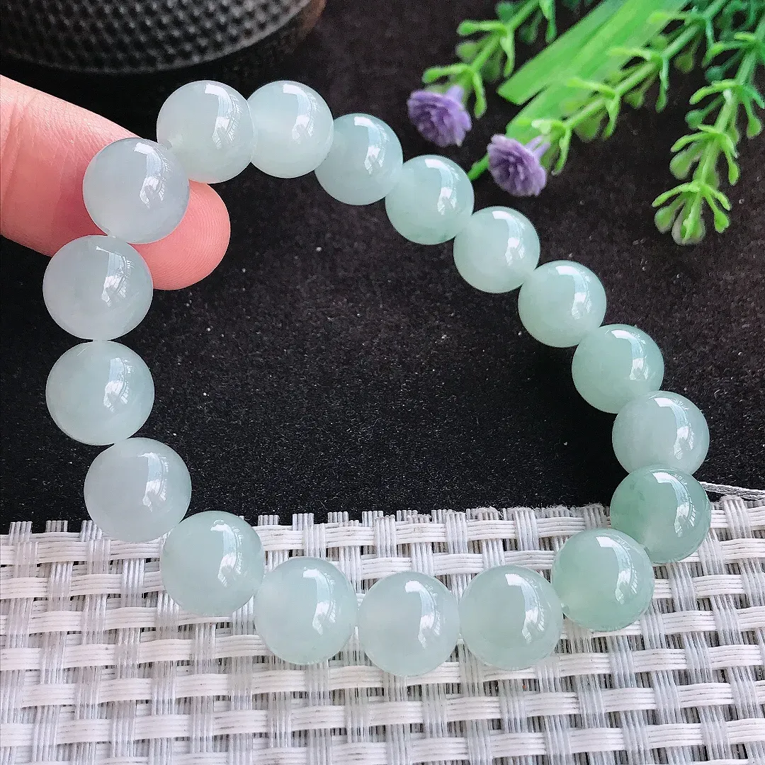 自然光11/18颗老坑冰胶果冻冰晴天空蓝玉珠手链女款圆珠玉手串